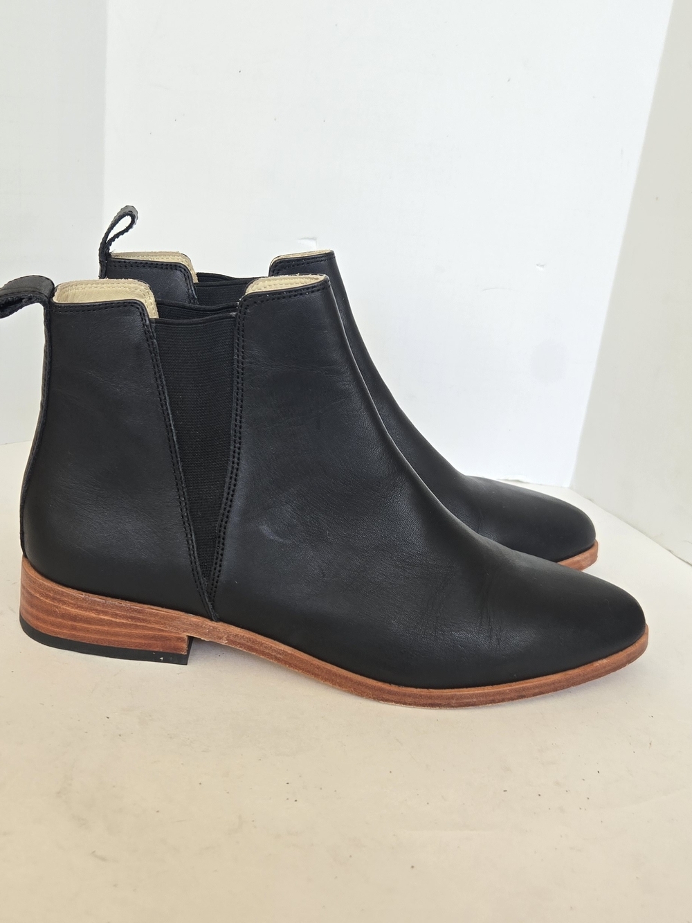 Nisolo Black Leather Chelsea Ankle Booties with Wood-Tone Heel